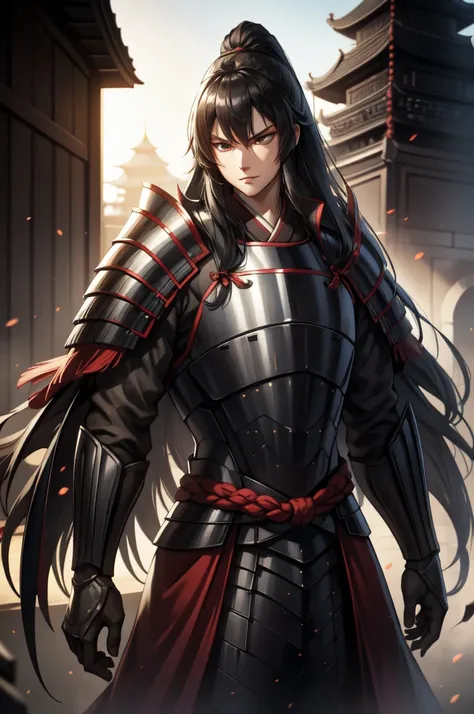 armored１people men, intence anger, make it chaotic and evil, hanfu, wearing light armor, long hair, black hair, hair spread out,...