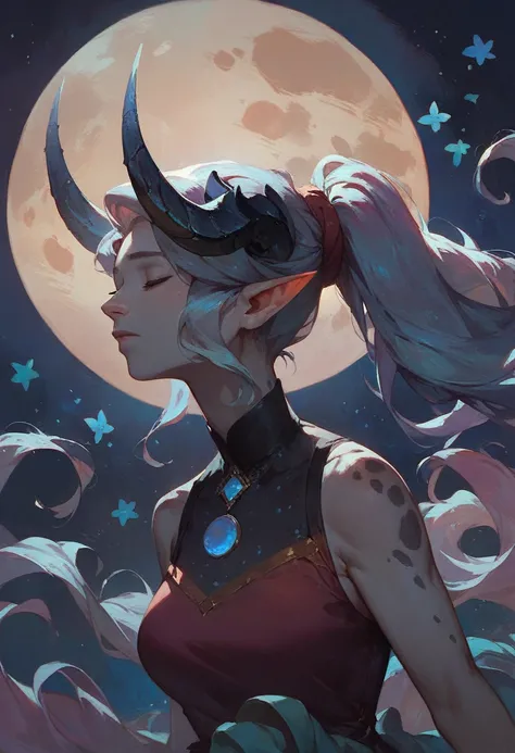 score_9, score_8_up, score_7_up, score_6_up,  woman with grey skin, black horns, 1girl, pointed ears, Tranquil, Peaceful, skin patterns, spots, dress, ponytail, psychiatrist, closed eyes, blue moon, serenity, dark, night, 