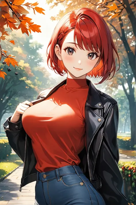 1 girl,(berry shortcut hair,red hair, swept-back,:1.8),red shirt,black riders jacket,jeans,skull necklace,big black eyes,long ey...