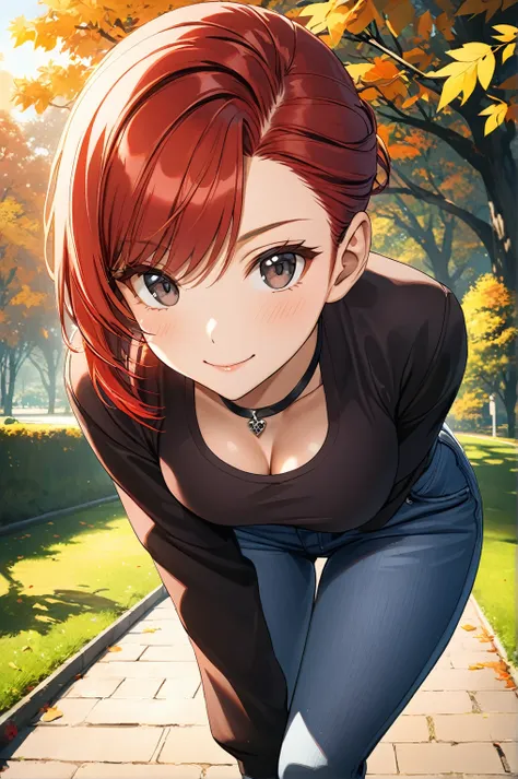 1 girl,(berry shortcut hair,red hair, swept-back,:1.8),red shirt,black riders jacket,jeans,skull necklace,big black eyes,long ey...