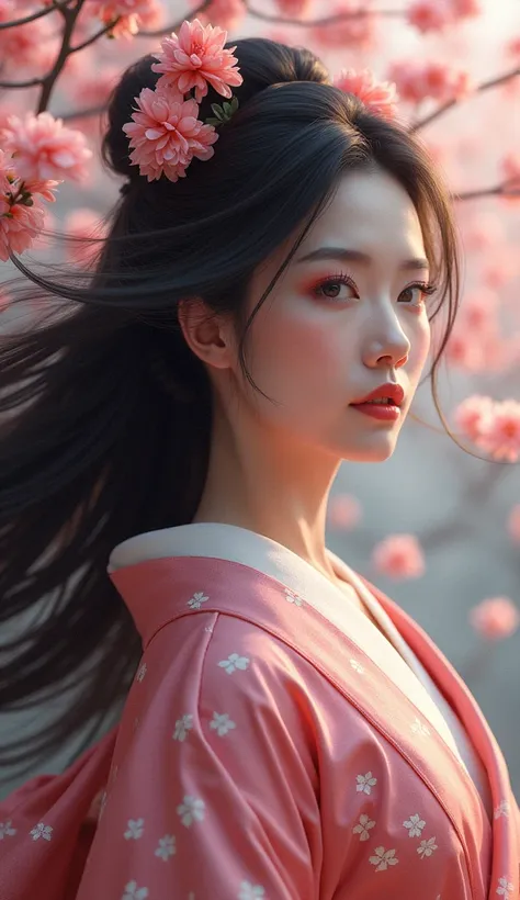 sensual geisha 45 years old, long hair in the wind ,  cherry blossoms