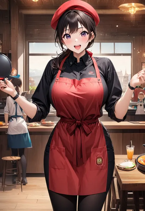 Beautiful girl 、Age 30、Best Quality、Ultra-precision、Detailed drawing、Restaurant chef、Frying pan、shirt、tie、apron、Beret、Sharpness、 ponytail、Vivid colors、upright posture、front、 looking at the camera、A very ecstatic expression、Slender figure、Accurate depiction...