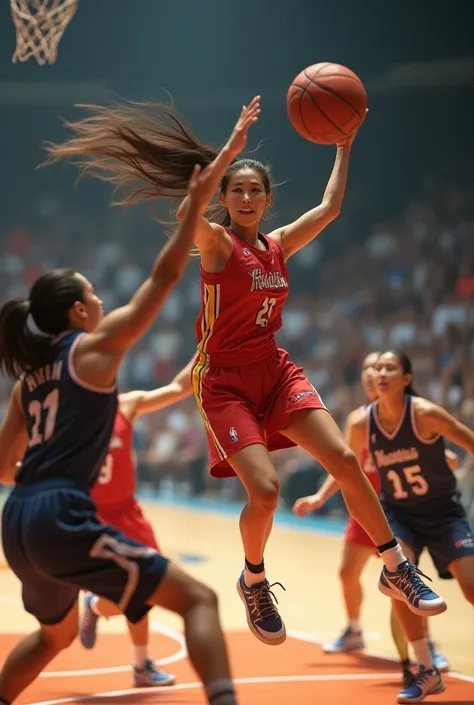 Overlooking、 Dynamic Shots 、A very beautiful Asian woman dodges a crowd of 3 defenders and scores an acrobatic super layup shot at a basketball game