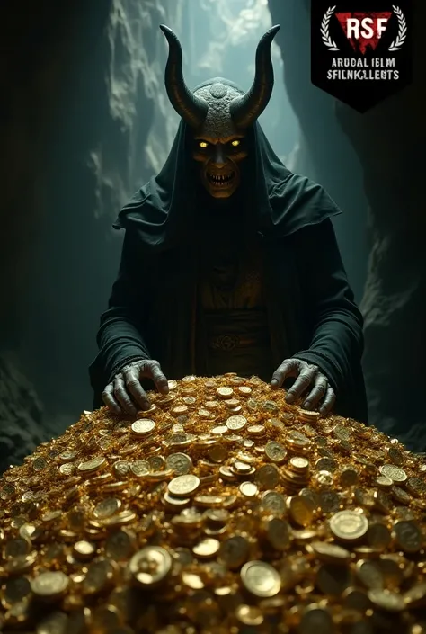 "A horror-themed YouTube thumbnail for a story titled हस्तर in Devanagari script. The scene shows an ancient cave where a demonic figure is guarding a large pile of treasure, surrounded by gold coins and jewels, symbolizing greed. The demon has an eerie, a...