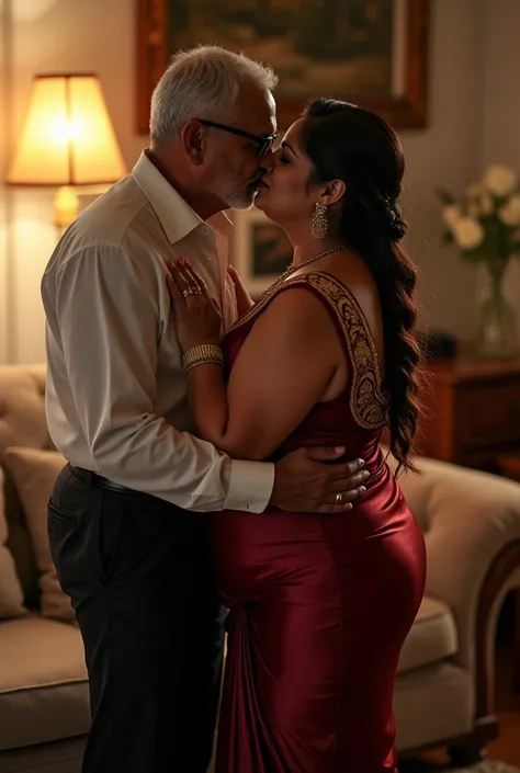 Front view , full body image of plus sized hourglass figured bbw Telugu anchor anasuya, top view, meroon colour silk body tight  short skirt and deep neck cleavage blouse, hugging and kissing a 60 year old man in a  living room, French braid hair