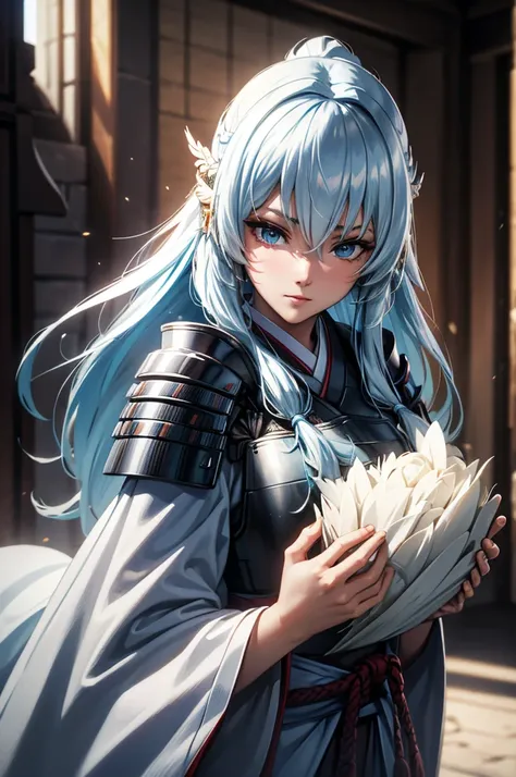 wearing armor one adult female, wearing light armor, wearing  white kimono, long hair, light blue hair, dashed eyes, tareme, int...