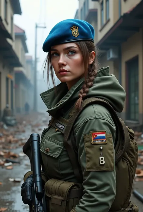 Could you create a picture of ,  what a Russian woman with a blue beret would look like in a video game like Counter Strike Global Offensive? 