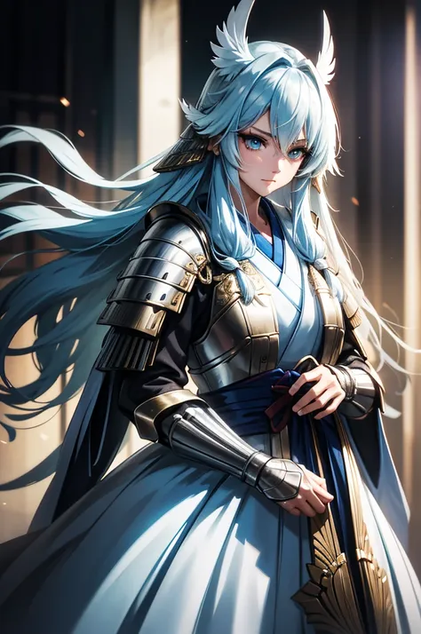 wearing armor one adult female, wearing light armor, wearing  white kimono, long hair, light blue hair, dashed eyes, tareme, int...