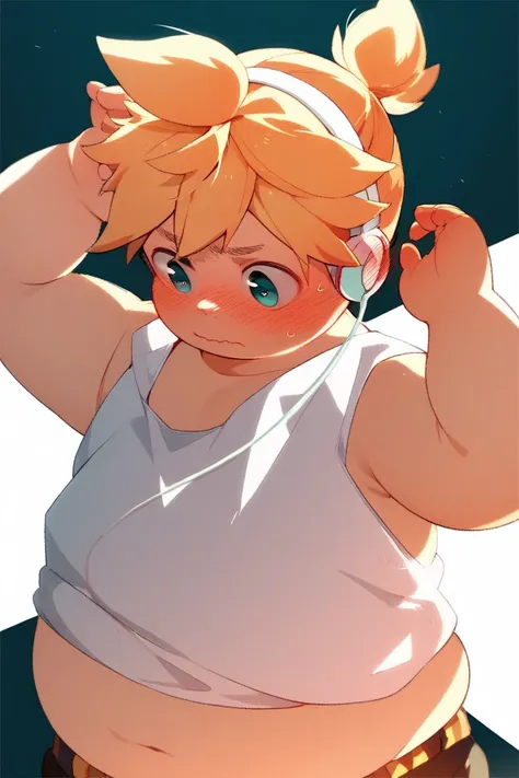 anime style, one boy, male child, Kagamine Len, chubby body, white tank top, earphone, chubby belly button exposed, arms holding up, face red, embarrassed