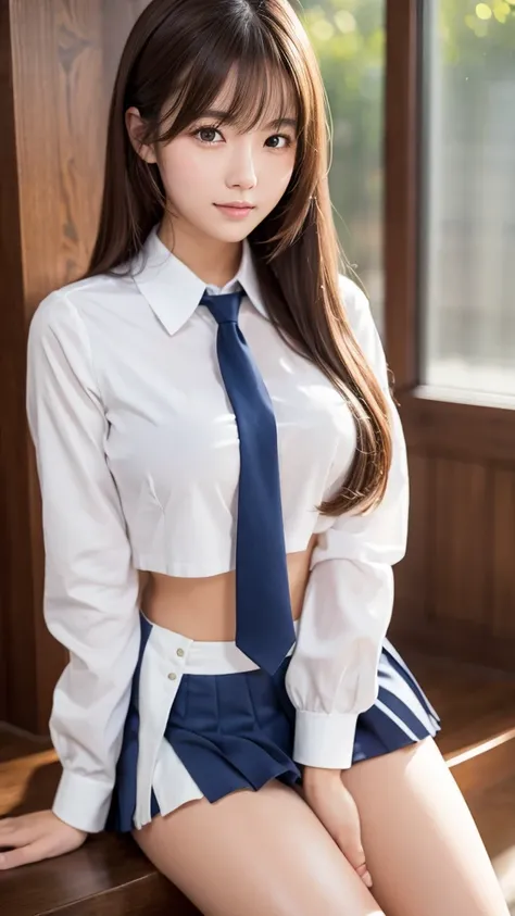 a beautiful detailed portrait of a charming young japanese woman wearing a (school sailor uniform), with a (red ribbon necktie),navy blue blazer, cowboy shot, (focus on thighs), flowing long hair, (ultra short navy blue pleated miniskirt), glossy lips and ...