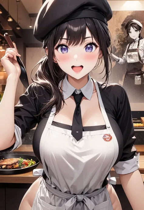 beautiful girl 、age 30、best quality、ultra-precision、detailed drawing、restaurant chef、frying pan、shirt、tie、apron、beret、sharpness、...