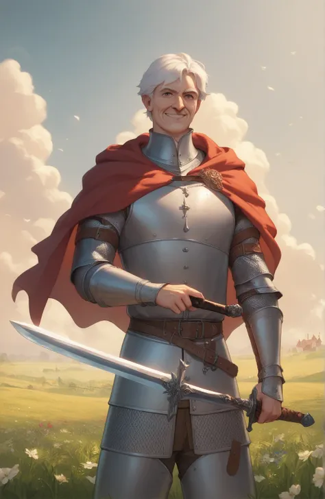 1man, medieval armor, blademaster, wielding long sword, medieval warrior, swordmaster, short white hair, sword, old man, smile, field in background, cloak, belt with sword sheath, detailed face, 