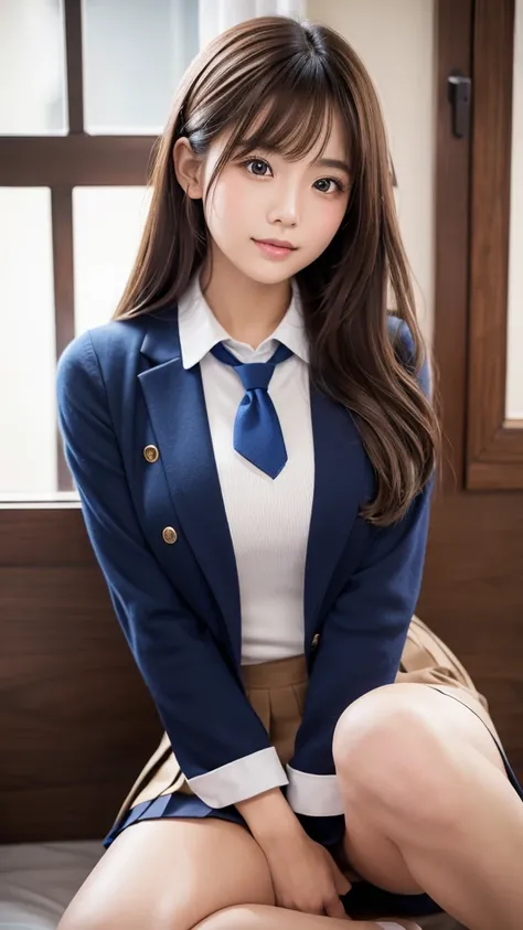 a beautiful detailed portrait of a charming young japanese woman wearing a (school sailor uniform), with a (red ribbon necktie),navy blue blazer, cowboy shot, (focus on thighs), flowing long hair, (ultra short navy blue pleated miniskirt), glossy lips and ...