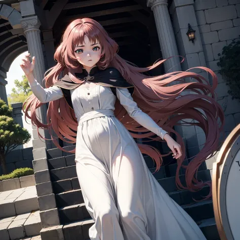 最 high quality、 high quality、８old girl princess、 climb the maze stairs、 long dress 、 is equipped with a dagger and shield、in a d...