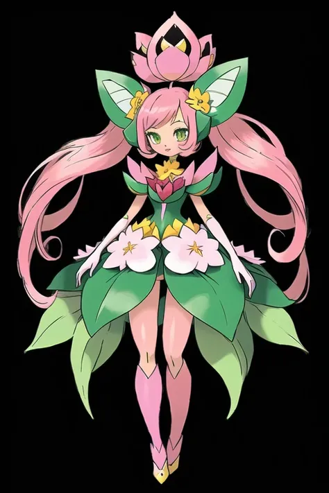 drawing of a cartoon character with flowers and a flower in her hair, elf girl wearing an flower suit, space flower fairy, glamorous angewoman digimon, pixie character, full color drawing, magical garden plant creatures, colored drawing, humanoid flora, tr...