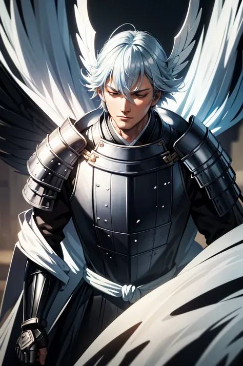 wearing armor one adult man, wearing light armor, wearing  white and black kimono, very short hair, light blue hair, closed eyes...