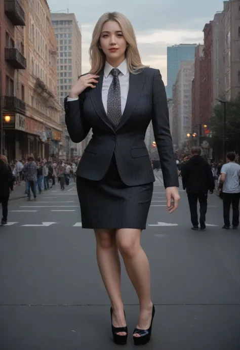 a sophisticated and stylish woman in a grey pinstriped trouser suit, white shirt, and a large wide halloween necktie in a windso...