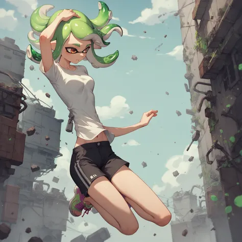 masterpiece, best quality, splatoon inkling, tentacle hair, 1girl, solo, green hair, white shirt, black shorts, medium chest, me...