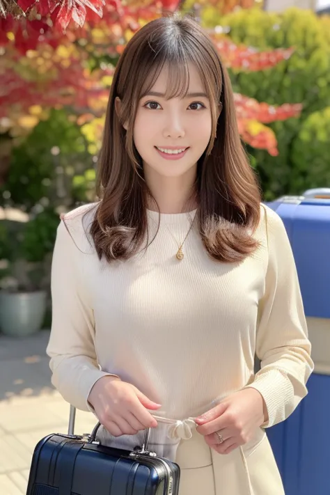 Cowboy Shot, (Mid-autumn Trip), 
break, 
((Office casual style outfit:1.2)), ((Large suitcase:1.2)), 
break, 
View your viewers, Japanese female university student, (One Woman:1.2), She is very beautiful, Glowing Skin, Perfect Face, Cute and symmetrical fa...