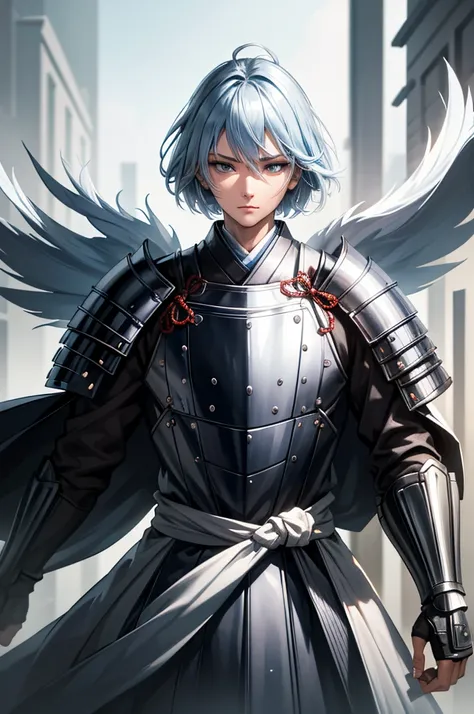 wearing armor one adult man, wearing light armor, wearing  white and black kimono, very short hair, light blue hair, closed eyes...