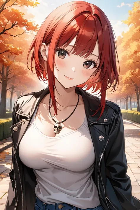 1 girl,(extra shortcut hair,red hair,sidelocks:2.0),forehead,red tanktop,black riders jacket,jeans,skull necklace,big black eyes...