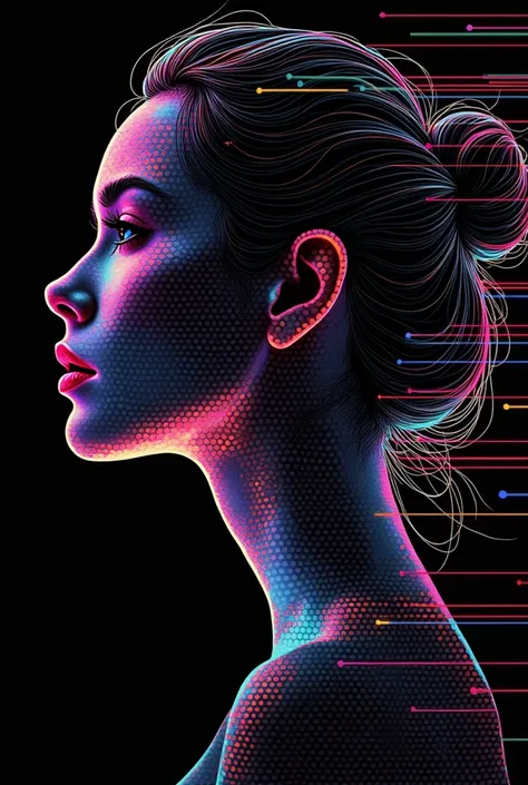 profile face of woman, digital art of in the style of dot matrix
with rainbow gradients on a black background, 2D vector graphics
illustrations in a bright color style with white outlines