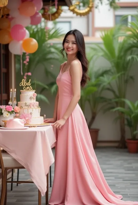   professional photography featuring a beautiful young Indonesian woman aged 20, who wears fancy long clothes in pink and wears highheal shoes,  in a charming smiling pose celebrating the anniversary of  "43" with a fancy arranged birthday cake that says  ...