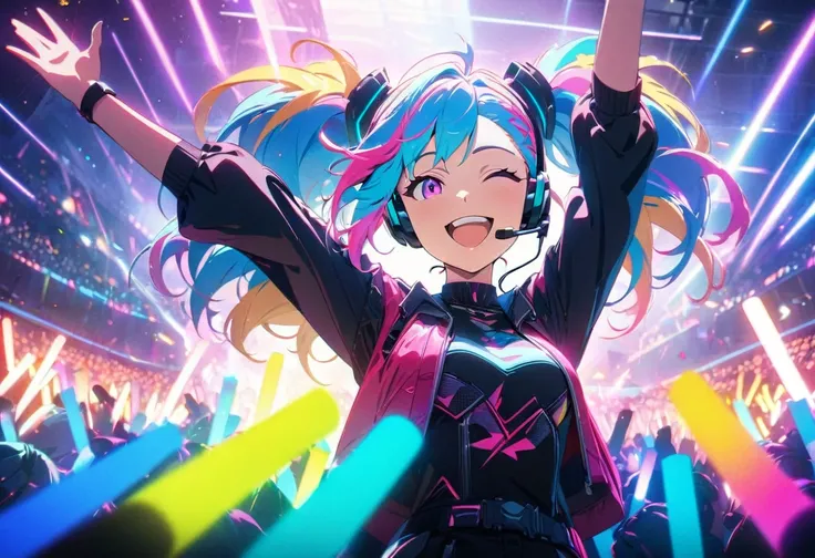 A smiling cyberpunk idol floating above the stage in a live concert venue, with colorful hair and an earpiece, arms raised overhead, surrounded by cheering fans waving glowsticks, (best quality,4k,8k,highres,masterpiece:1.2),ultra-detailed,(anime style),vi...