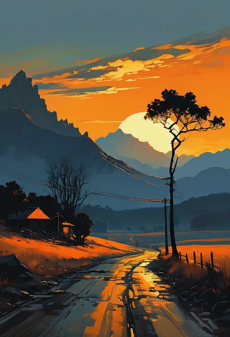 HD vintage, oil painting, Minimalism, black background, line of orange mountains, lonely orange tree, warm golden sunset light gives the whole landscape an elegant and charming look,flat painting, black, orange. Norman Rockwells painting style in the spiri...