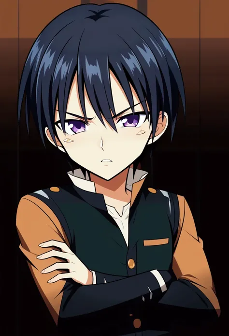 (masterpiece, best quality:1.2), 1boy, hanaori takayoshi, adult male, solo, black hair, short hair, parted bangs, straight hair, anime coloring, highly detailed, black-yellow suit, purple eyes, tsurime, serious, parted lips, crossed arms, 2015