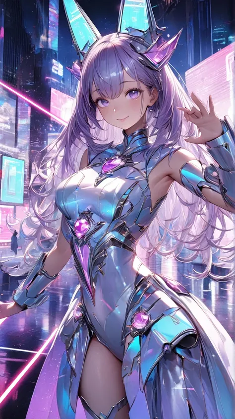 (Masterpiece, high quality, high definition, 4K, 8k, detail）、 with a realistic yet slightly otherworldly appearance 、 full-body image of a living virtual idol 。 her skin is smooth and soft 、 subtle blue and purple highlights give her a digital glow 。 her e...