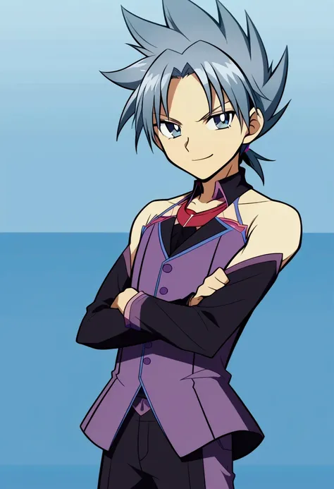 (masterpiece, best quality:1.2), 1boy, yoneshima naoki, male, solo, light blue-gray hair, very short hair, parted bangs, spiked hair, anime coloring, highly detailed, black-purple suit, bare shoulders, long sleeves, indigo eyes, tsurime, serious, smile, 20...