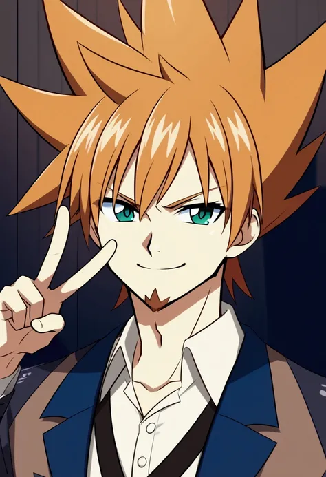 (masterpiece, best quality:1.2), 1boy, bone, mature male, solo, light orange hair, very short hair, v bangs, spiked hair, anime coloring, highly detailed, brown-blue suit, green eyes, goatee, tsurime, serious, smile, 2015