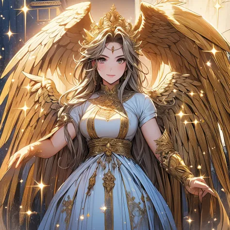 Long Hair,  high definition, smile,  golden eyes,  glitter effect ,  Ring of Angels ,  anatomically correct, Best Quality,  big breasts at the temple,  illustration , Guardian Angel、