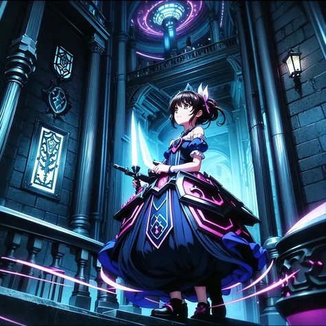 最 high quality、 high quality、８old girl princess、 climb the maze stairs、 long dress 、 is equipped with a dagger and shield、in a d...