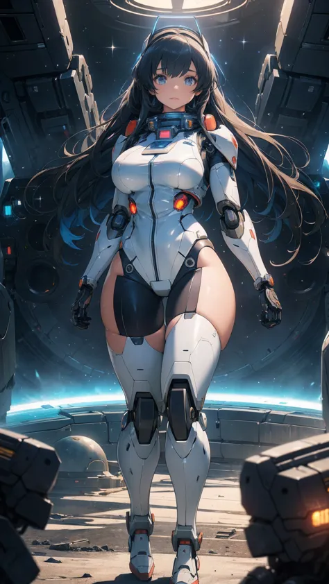 1girl, highly detailed anime style girl in futuristic space suit with large breasts and exposed thighs, piloting a heavily armed and detailed mecha robot, mecha robot standing on a war-torn battlefield with destroyed machinery, cinematic lighting, ultra-detailed, 8k, photorealistic, professional, hyper-detailed, dramatic, intense, vibrant colors