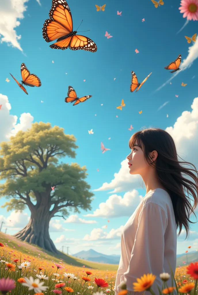 (woman\(student, age 15, ｊｋ, long hair,  colorful eyes , pale skin，)  look up at the sky), ( lots of butterflies flying in the s...