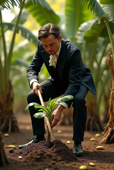 generate a hyper realistic image of Leonardo de Caprio wearing his titanic movie dress skilfully planting banana tree. The seen should capture fine details like digging stick