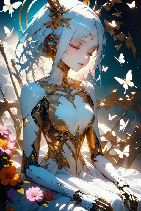 A stunning visual masterpiece of hyper realistic robot girl, digital art, full body, long and elegant white dress, mechanical arms, eyes closed, sitting, butterflies, flowers blooming, mechanical parts, mechanical halo, hands together, symmetry, golden rat...