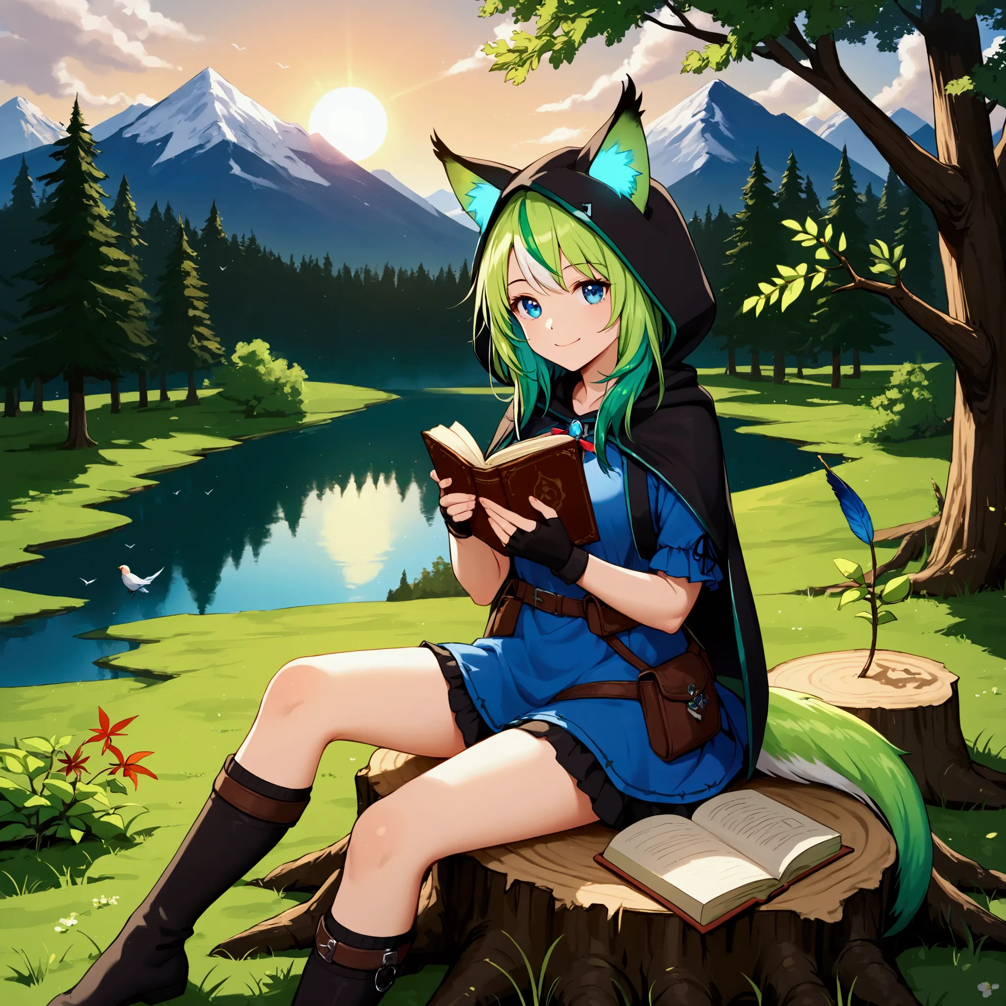 masterpiece, best quality,, 1girl, sitting, animal, animal ears, bird, black_hair, book, bookmark, branch, gloves, grass, green ...