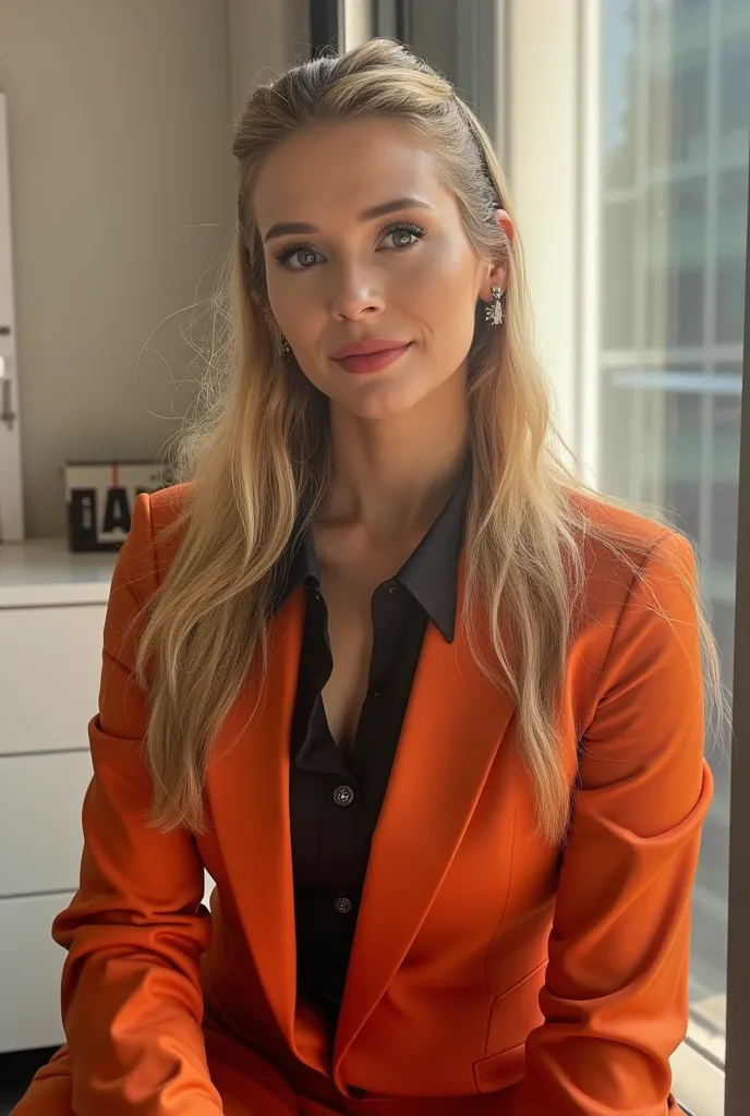 bebahan, a beautiful female business executive wearing an orange leather armani business suit with a open black buttondown shirt...