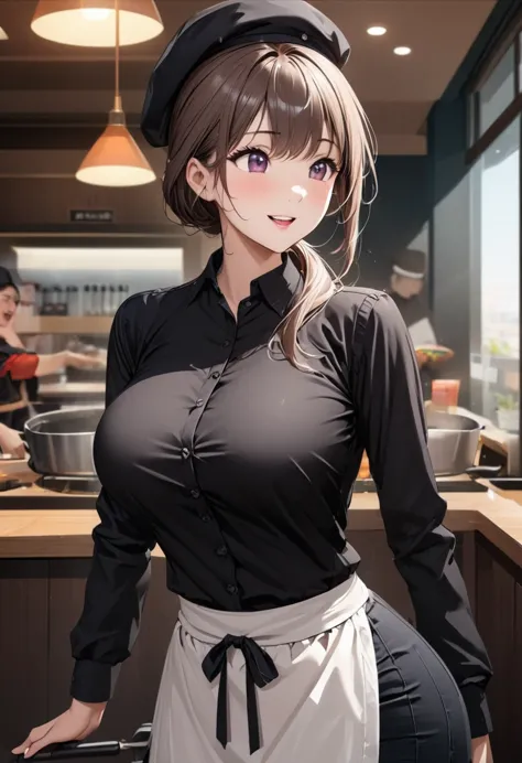 Beautiful girl 、Age 30、Best Quality、Ultra-precision、Detailed drawing、Restaurant chef、Frying pan、 black shirt、tie、Waist apron、Beret、Sharpness、 ponytail、Vivid colors、upright posture、front、 looking at the camera、A very ecstatic expression、Slender figure、Accur...