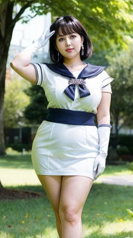 japanese milf,50 years old, white skin,(curvy body, plump thighs:1.5),(sailor saturn,sailor senshi uniform,choker, white gloves,...