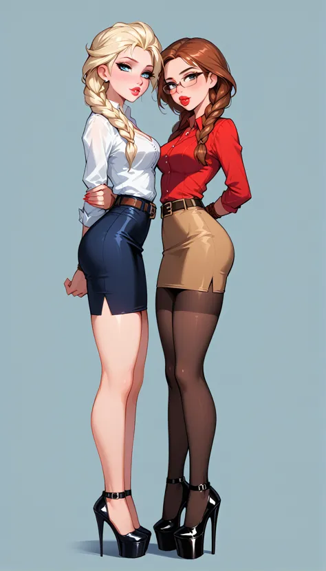 score_9, score_8_up, score_7_up, 2girls, duo, (anna, brown hair, braided pigtails, wearing tight pencil skirt, belt, blouse, spe...