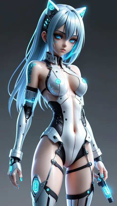 3d anime,future,cyberpunk,transparent,light blue hair,white,glitter,silver,3d anime,full body