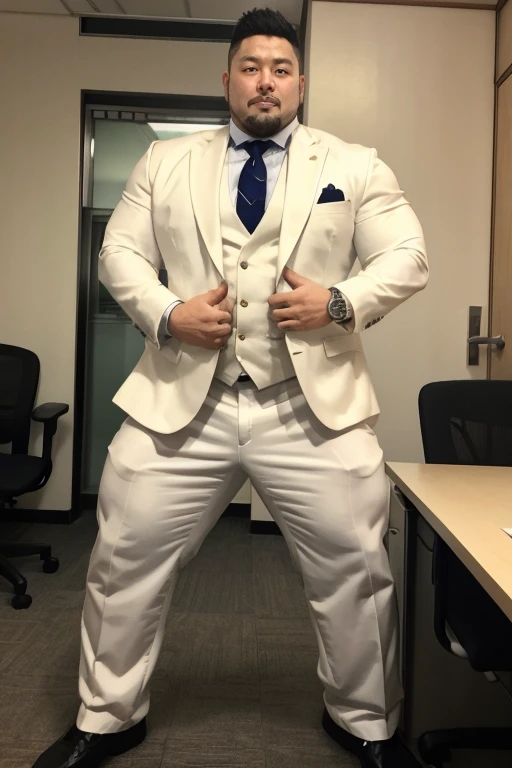 Japanese male, solo, Fat  muscler Japanese man in a white suit, whole body, in the office, Thick legs, Thick arms, Very short hair, Very short goatee, Black jacket, Black trousers, Tight arm circumference, Long trousers, Tight suspension, brown tie, tight ...