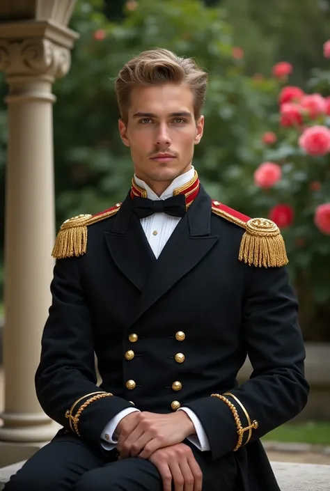 A very detailed and very realistic shot of a very handsome young man with fair skin, sharp masculine features and short blonde hair wearing a black royal Victorian military uniform decorated and embroidered with gold, sitting on a stone bench in a garden w...