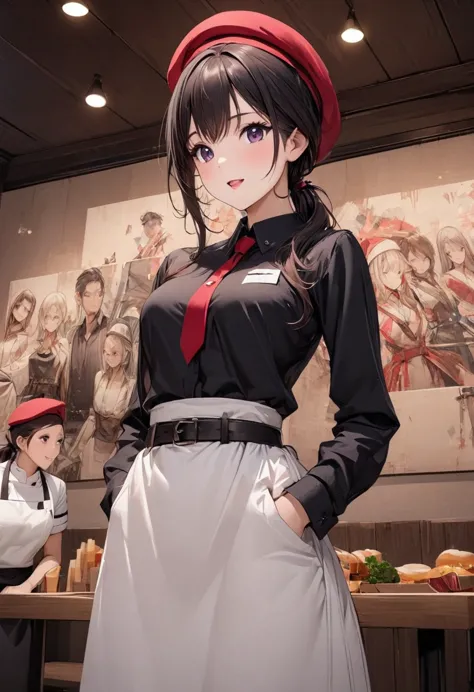 beautiful girl 、age 30、best quality、ultra-precision、detailed drawing、restaurant chef、 black shirt、tie、burgundy waist apron、wine ...