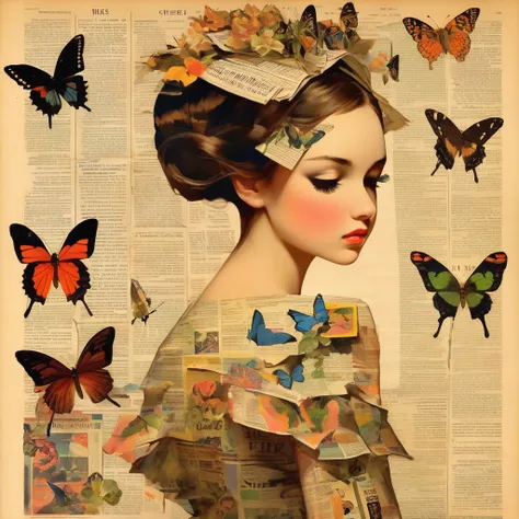 side view girl, solitary, wearing a magazine cover dress, delicate facial features and long eyelashes, a butterfly landed on her...