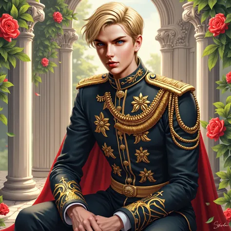 A very detailed and very realistic shot of a handsome young man with fair skin, sharp masculine features and short blonde hair wearing a black military uniform decorated and embroidered with gold, sitting on a stone bench in a garden with curved pillars an...